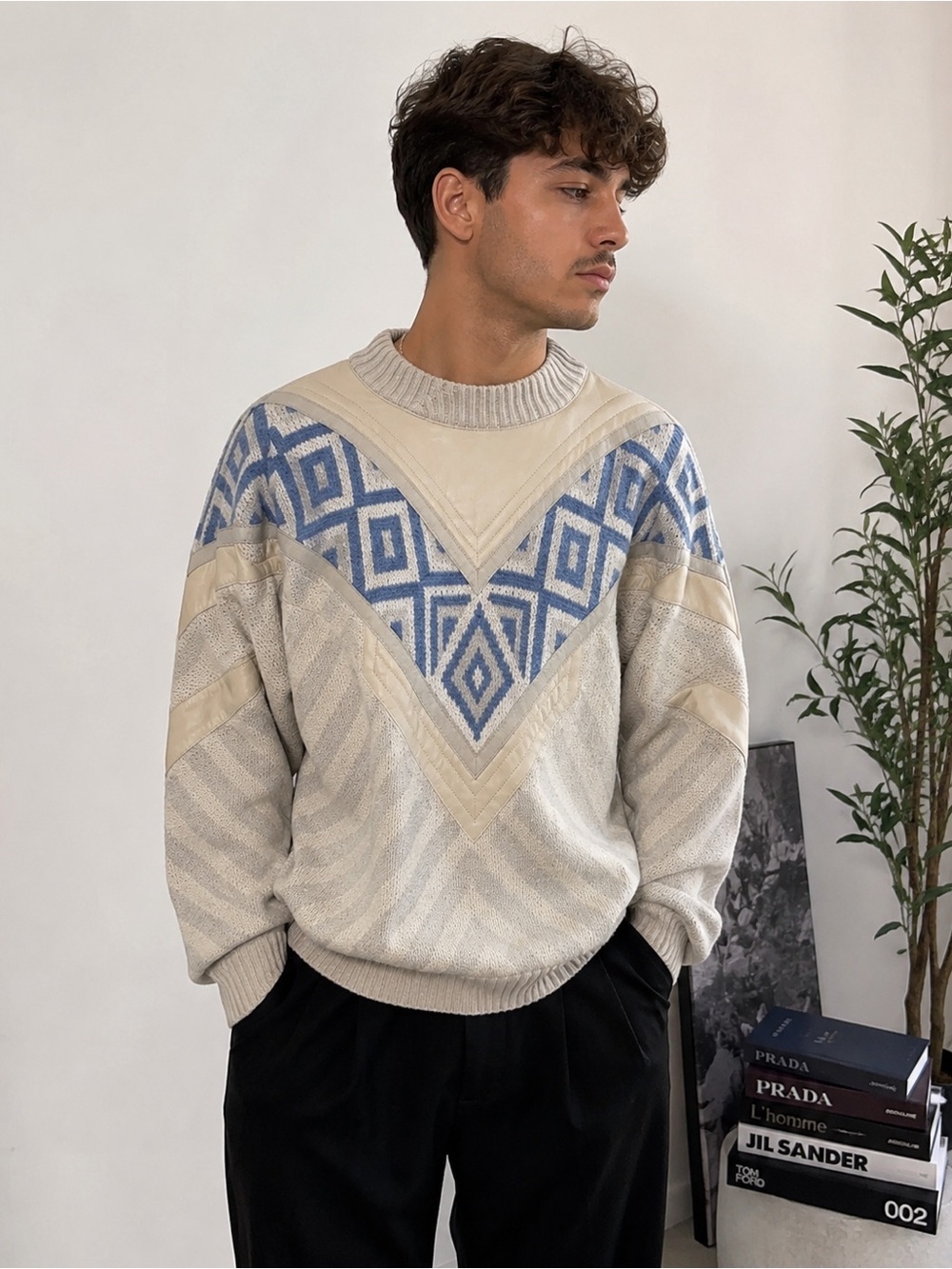 Vintage Torras Leather Knit Sweater 2XL Geometric Oversized Y2K Spain Streetwear
